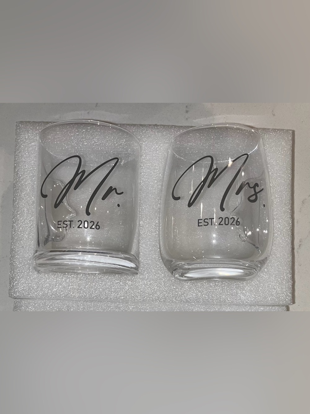 2026 Mr. and Mrs. Hand-blown Wine Glasses (14-15 oz.)